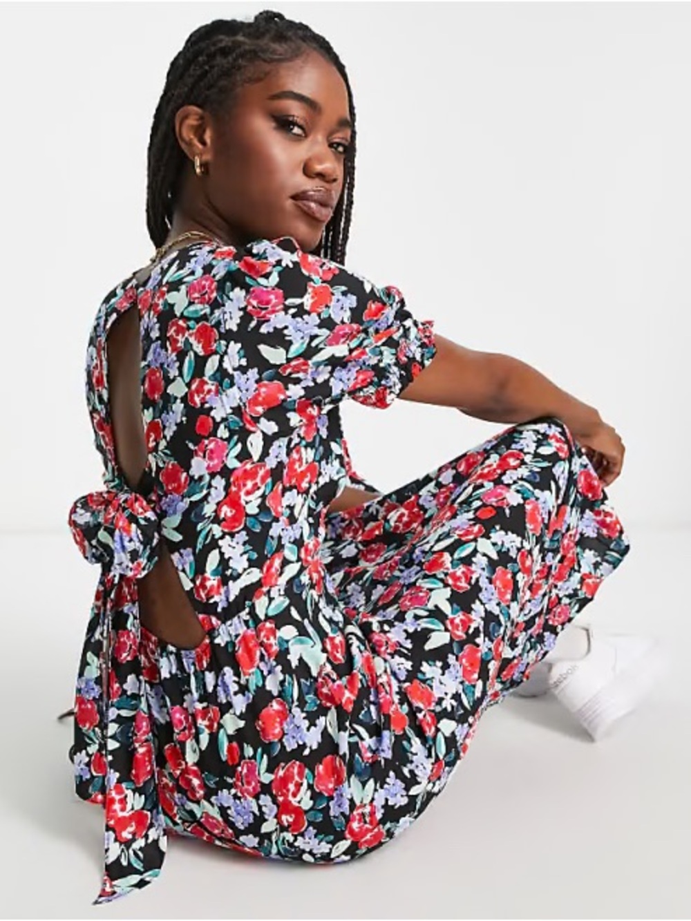 New Look ASOS Black Floral Maxi Dress with Red & Purple Blooms Size 14